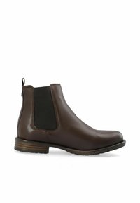 Stivaletto in pelle marrone con pannelli elastici sui lati, punta tonda e tacco basso impilato. Caratterizzato da un inserto posterior per un facile indossamento.