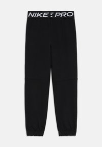 Black Nike Pro sweatpants with an elastic waistband featuring a white logo, tapered cuffs, and a smooth, textured fabric.