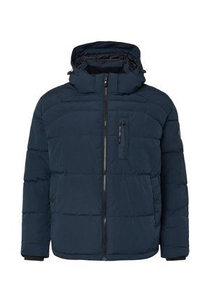 Marineblauwe gewatteerde jas met capuchon, voorzien van een ritssluiting aan de voorkant, een borstzak en zijzakken. Gladde textuur met stikseldetails.