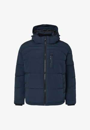 Giacca imbottita blu navy con cappuccio, dotata di cerniera frontale, una tasca sul petto e tasche laterali. Texture liscia con dettagli a cucitura.