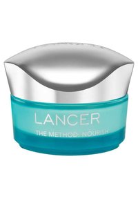 LANCER Die Methode: Nourish, ein runder Behälter mit einem silbernen Deckel und einem türkisfarbenen Körper, zeigt geprägten Text und hat eine glatte Textur.