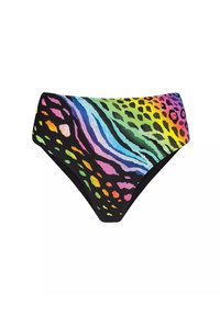 Wielokolorowe dno kostiumu kąpielowego z mieszanką wzorów zwierzęcych w kolorze purpurowym, zielonym, różowym i żółtym na czarnym tle; wycięty fason.
