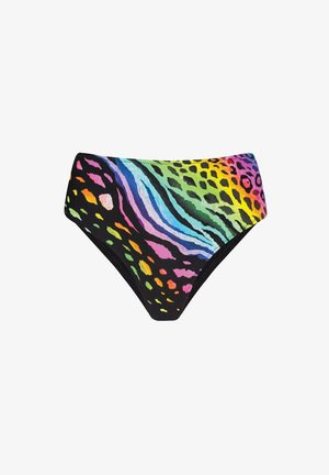 Wielokolorowe dno kostiumu kąpielowego z mieszanką wzorów zwierzęcych w kolorze purpurowym, zielonym, różowym i żółtym na czarnym tle; wycięty fason.