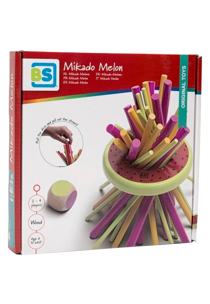 Scatola da gioco in legno con bastoncini colorati e una base rotonda verde che ricorda un cocomero. Include dadi e istruzioni per il gioco.