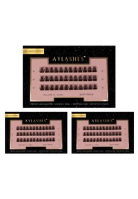 Three packs of pre-cut faux mink eyelash clusters. Black color with a C curl, showing lengths labeled as 12mm on a pink background.