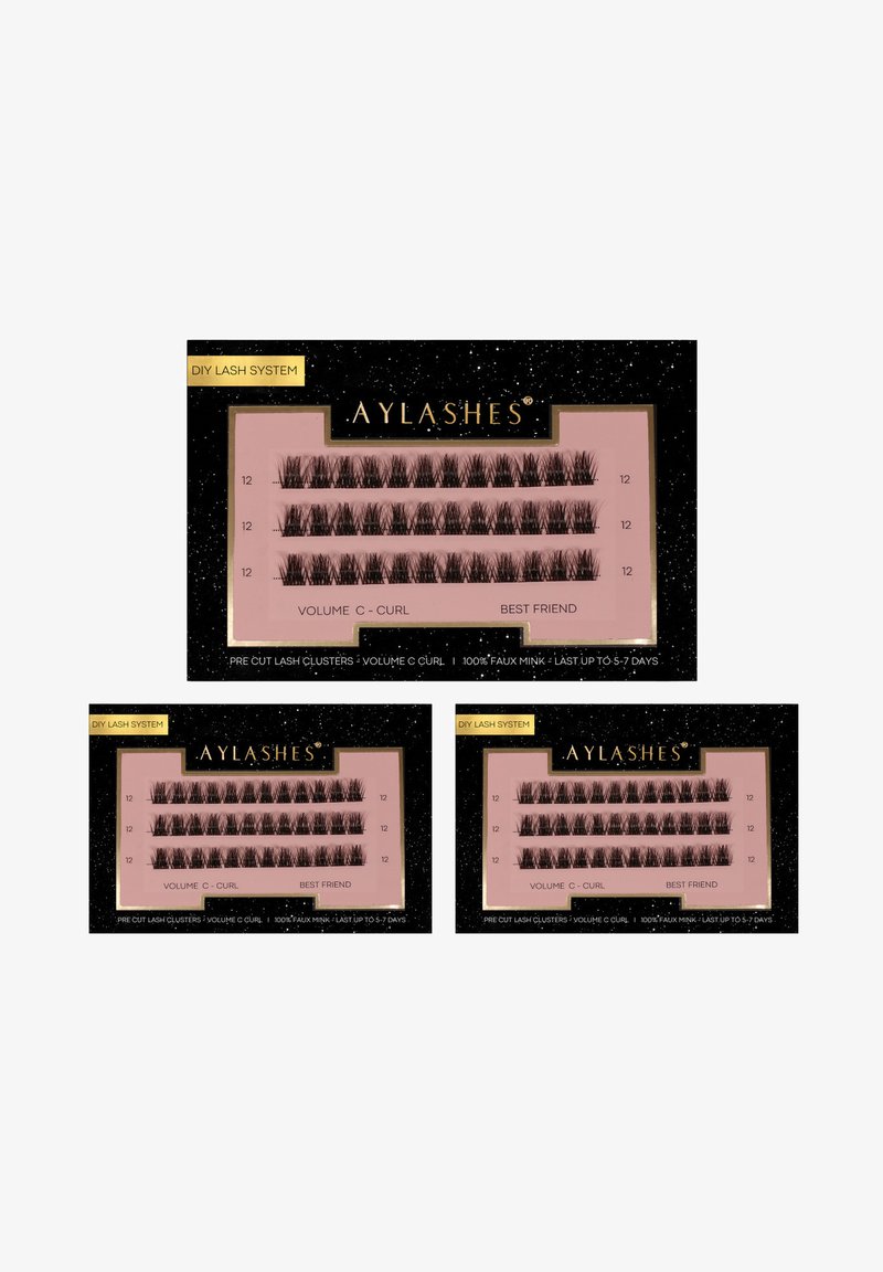 Three packs of pre-cut faux mink eyelash clusters. Black color with a C curl, showing lengths labeled as 12mm on a pink background.