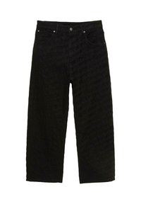 Pantaloni neri a gamba larga con un motivo testurizzato, dotati di cinque tasche, chiusura con bottone e dettagli di cucitura discreti.