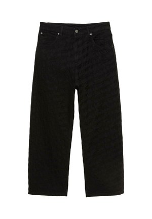 Pantaloni neri a gamba larga con un motivo testurizzato, dotati di cinque tasche, chiusura con bottone e dettagli di cucitura discreti.