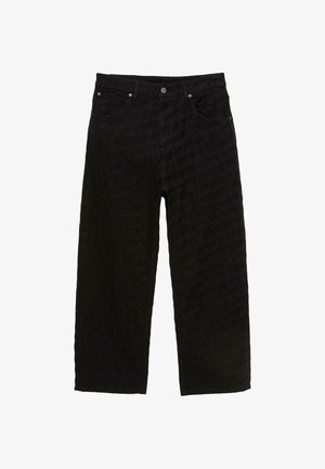 Pantaloni neri a gamba larga con un motivo testurizzato, dotati di cinque tasche, chiusura con bottone e dettagli di cucitura discreti.