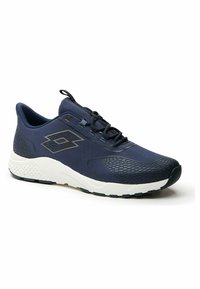 Navy blue athletic shoe with a textured upper, mesh sections, and white rubber sole. Features round laces and a logo on the side.