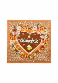 Brauner Schal mit Herzform, verziert mit Blumenmustern, einem Bierkrug und dem Schriftzug "Oktoberfest", mit orangefarbenen Akzenten und Besatz.