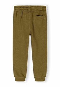 Olijfgroene joggingsbroek van zacht materiaal, met een elastische tailleband, geribbelde boorden en een enkele achterzak.