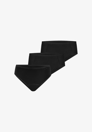 Drie zwarte, hoogtallige damesslips in brief-stijl, schuin naast elkaar gerangschikt op een witte achtergrond.