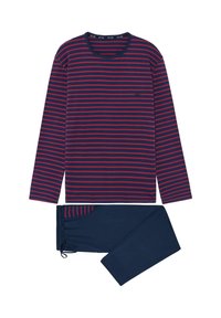 Langærmet stribet top i navy og rød med rund hals, parret med mørk navy bukser med snor i taljen og sidelommer.