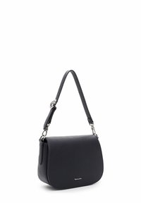 Juodas odinis petinės rankinės maišas su tekstūruota paviršiumi, išlenkta forma, reguliuojama rankena ir subtilūs metaliniai akcentai.