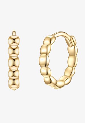 Goldene Creolen mit einem strukturierten, runden Perlen-Design. Die Ohrringe zeigen ein poliertes Finish und variieren in der Dicke entlang der Kurve.