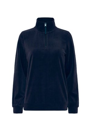 Pull en bleu marine, côtelé, avec col montant et fermeture éclair mi-haute. Manches longues et poignets ajustés ; fabriqué en tissu doux et texturé.