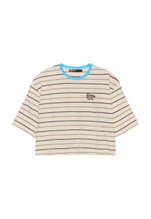 T-shirt à manches courtes rayé crème et marron avec un col bleu clair et un petit texte marron "Bimba Y Lola" sur la poitrine gauche.