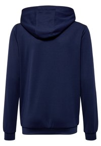 Donkerblauwe hoodie van gestructureerde stof met een aansluitende capuchon, lange mouwen en geribbelde boorden en zoom.