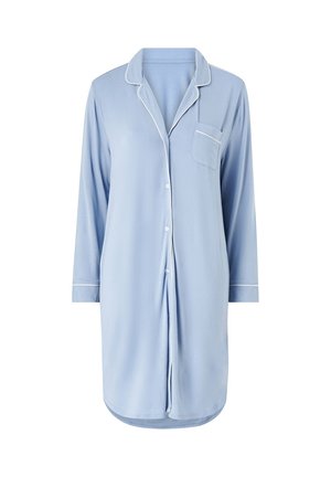 Camicia da notte azzurro chiaro a maniche lunghe con bottoni, bordi bianchi su colletto, polsini e tasca sul petto, lunghezza fino al ginocchio, tessuto morbido.