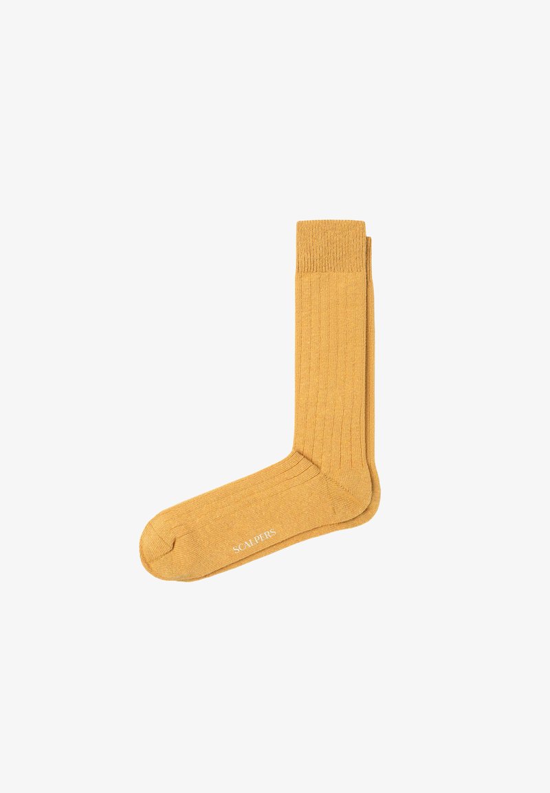 Calzino giallo a coste con punta e tallone rinforzati. Presenta una sottile etichettatura alla base. Realizzato in un materiale morbido ed elastico.