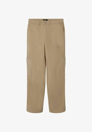 Béžové cargo nohavice vyrobené z bavlny s voľným strihom. Obsahujú dve predné vrecká a dve bočné cargo vrecká. Rovný strih nohavíc.