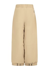 Beige, wijde broek met een elastische tailleband en knopen aan de manchetten. Gladde textuur met subtiele stiksels, ontworpen voor comfort en gemak tijdens het dragen.