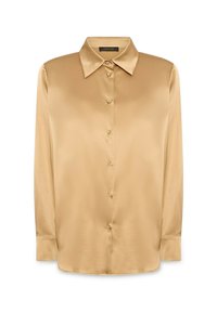 Gold-beige Satinbluse mit langen Ärmeln, spitzem Kragen und vorderem Knopfverschluss.