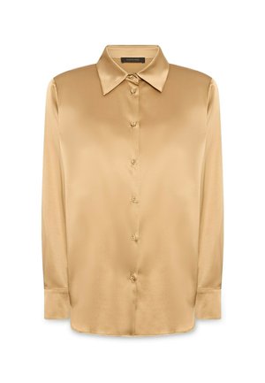 Gold-beige Satinbluse mit langen Ärmeln, spitzem Kragen und vorderem Knopfverschluss.