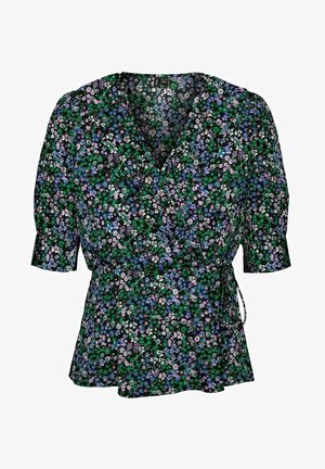 Schwarze Wickelbluse mit kurzen Puffärmeln, gebundenem Taillenbereich und mehrfarbigem, kleinen Blumenmuster in Grün, Lila, Blau und Weiß.