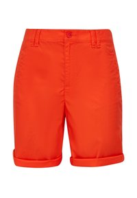 Rode shorts gemaakt van lichtgewicht stof, met een rechte snit, opgerolde mouwen en een enkele knoopsluiting in de taille.