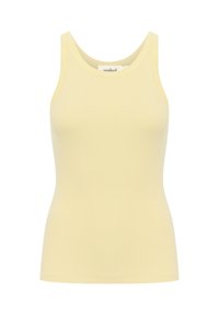 Yellow ribbed tank top with a round neckline and thick straps. Made of soft fabric, featuring a fitted design and seamless edges.