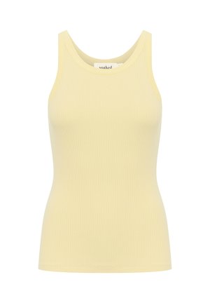 Gul ribbet tanktop med rund udskæring og brede stropper. Fremstillet af blødt stof, med et tætsiddende design og sømløse kanter.