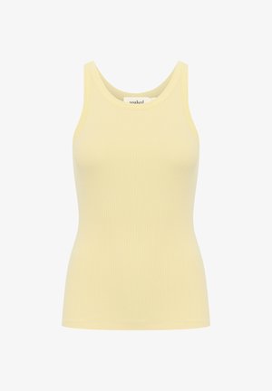 Rumena rebrasta majica brez rokavov z okroglim izrezom in debelimi naramnicami. Narejena iz mehkega materiala, s prilegajočim dizajnom in brezšivnimi robovi.