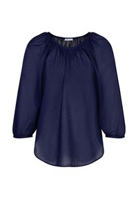 Marineblaues Blusenshirt mit rundem Halsausschnitt, dreiviertellangen Puffärmeln und einer glatten, leichten Textur. Geschwungener Saum.