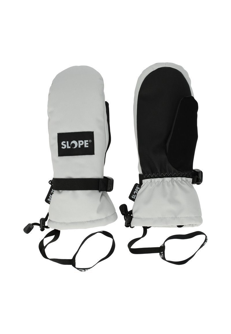 Grå och svarta isolerade vantar med elastiska ärmslut, justerbara remmar och SLOPE-logotyp på en svart lapp. Texturerad tyg för bra grepp.