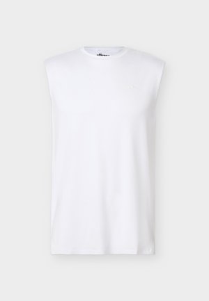 Valkoinen hihaton lihaspaita pehmustetuilla harteilla ja hillityllä kirjotulla logolla rinnassa.