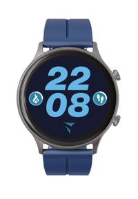 Smartwatch rotondo con cinturino in silicone blu e cassa metallica. Display digitale che mostra l'ora, icone e indicatori in azzurro su sfondo scuro.