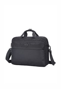 Zwarte laptoptas van duurzaam stof, met meerdere ritssluitingen, twee handvatten bovenaan en een verstelbare schouderriem.