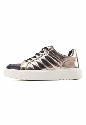 Metallic rose gold sneakers with a sleek design, black accents, and textured side panels. Rubber sole and round toe for comfort.