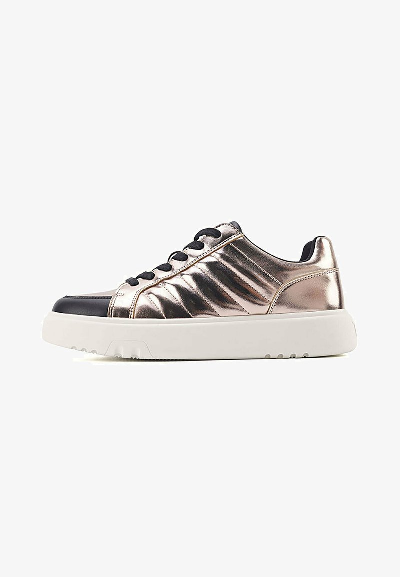 Metallic rose gold sneakers with a sleek design, black accents, and textured side panels. Rubber sole and round toe for comfort.