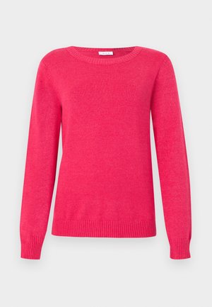 Fuchsia trui met een ronde hals, lange mouwen en geribbelde boorden aan de mouwen en zoom. Gemaakt van zacht gebreid materiaal met een gladde textuur.