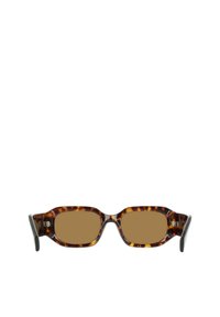 Γυαλιά ηλίου με καφέ φακούς και ορθογώνια σκελετό σε σχέδιο χελώνας. Χοντρές βραχίονες με γυαλιστερά μαύρα άκρα. Υφασμένα σημεία κατά μήκος των ακρών του σκελετού.