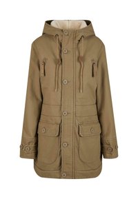 Giacca parka khaki con cappuccio, dotata di un morbido rivestimento interno, chiusura con bottoni e diverse tasche frontali. Realizzata in resistente cotone.