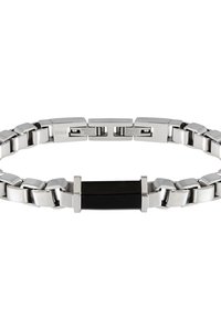 Bracciale in acciaio inox con finitura argento lucido, caratterizzato da un inserto nero rettangolare e un design a maglie intrecciate.
