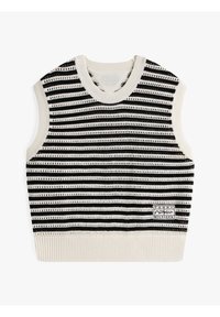Czarnobiały, bezrękawnik w paski wykonany na drutach, z prążkowanym okrągłym dekoltem i zakończeniem, z metką na dolnej prawej stronie.