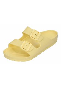 Gelbe Gummisandale mit zwei verstellbaren Schnallen. Offenporiges Design und strukturierter Fußbett für Komfort. Leicht und mit einer langlebigen Sohle.