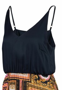 Schwarzes Satin-Camisole mit verstellbaren Trägern, das einen enganliegenden Oberkörper hat. Der untere Teil besteht aus einem farbenfrohen gemusterten Stoff mit goldenen Akzenten.