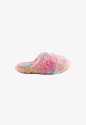 Ciabatta fuzzy in tonalità pastello multicolori, caratterizzata da una texture morbida, una forma arrotondata e un design aperto sul retro per una facile calzata.