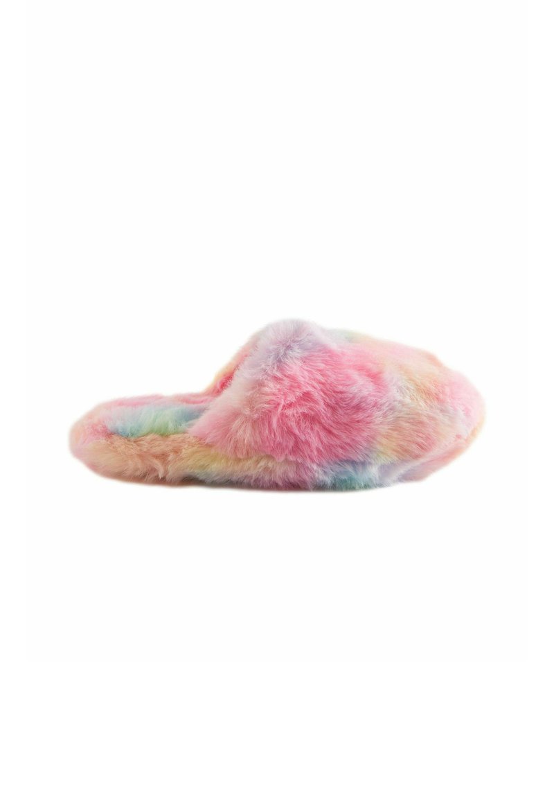 Chausson flou aux teintes pastel multicolores, avec une texture douce, une forme arrondie et un design à dos ouvert pour un enfilage facile.